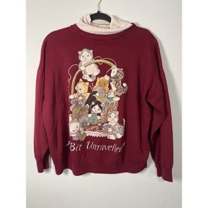 Basic Edition Women's Retro Vintage 90's Maroon Cat Granny Turtleneck Sweatshirt
